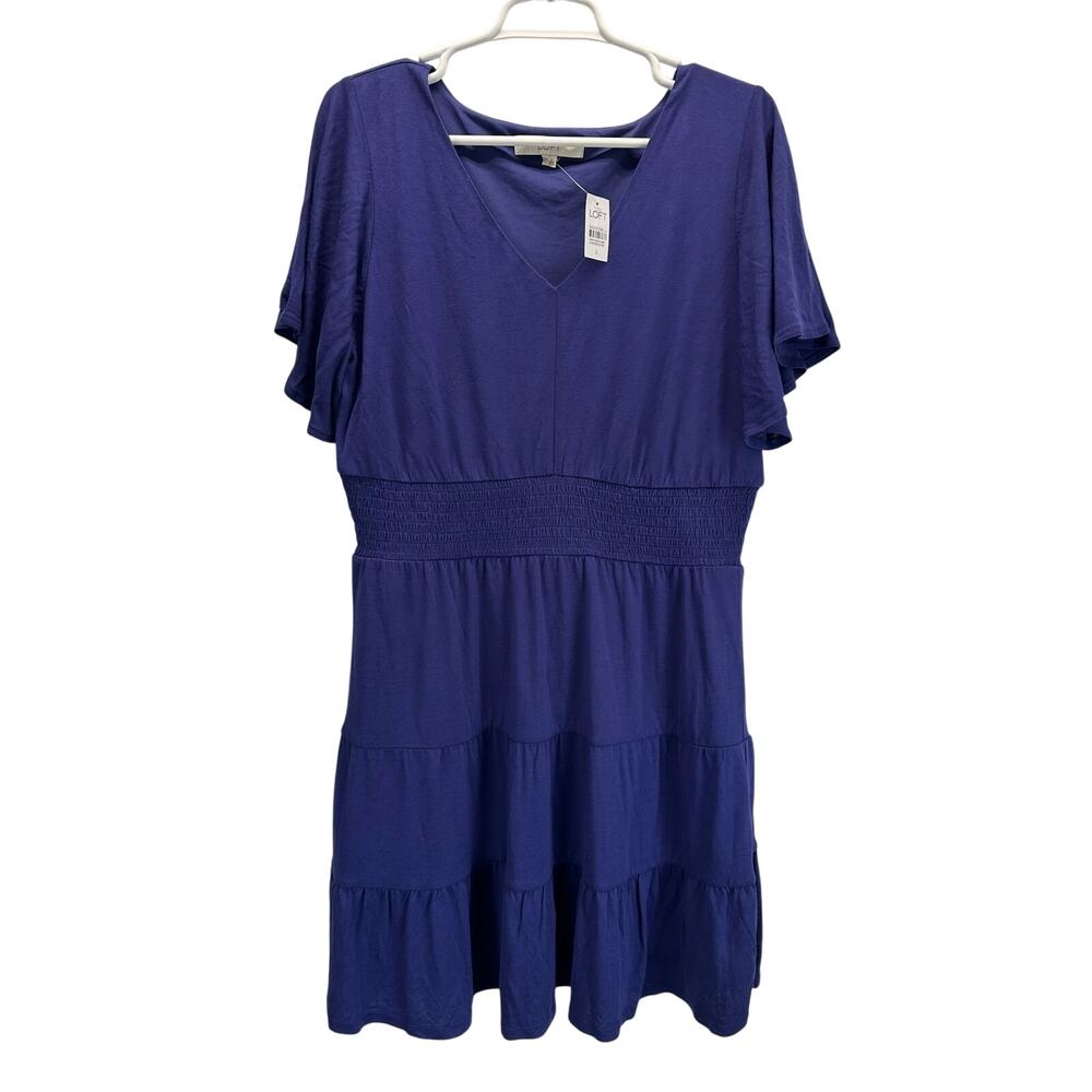 NWT Loft Dress Knit tiered skirt Elastic Waist V-Neck Blue Large